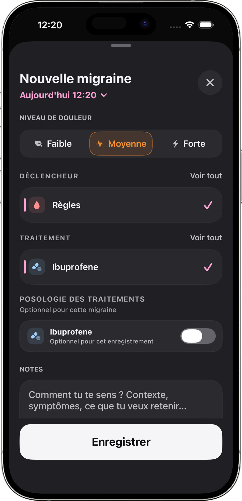 Ecran d'ajout d'une migraine