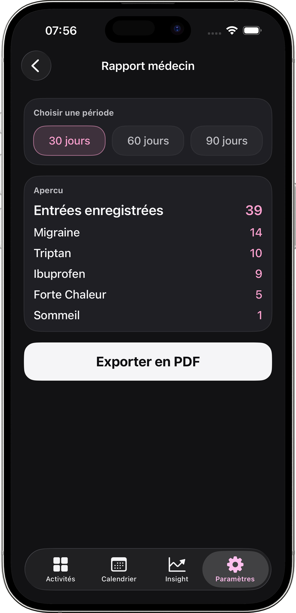 Ecran rapport medecin Crise migraine